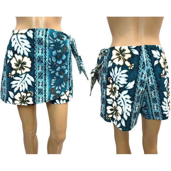 Vintage 80s 90s Hawaiian Skort | Teal Blue Tropical Floral Print made Hawaii - Picture 1 of 8